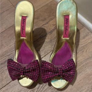 Betsey Johnson Gold Heels with Pink Rhinestone Bow